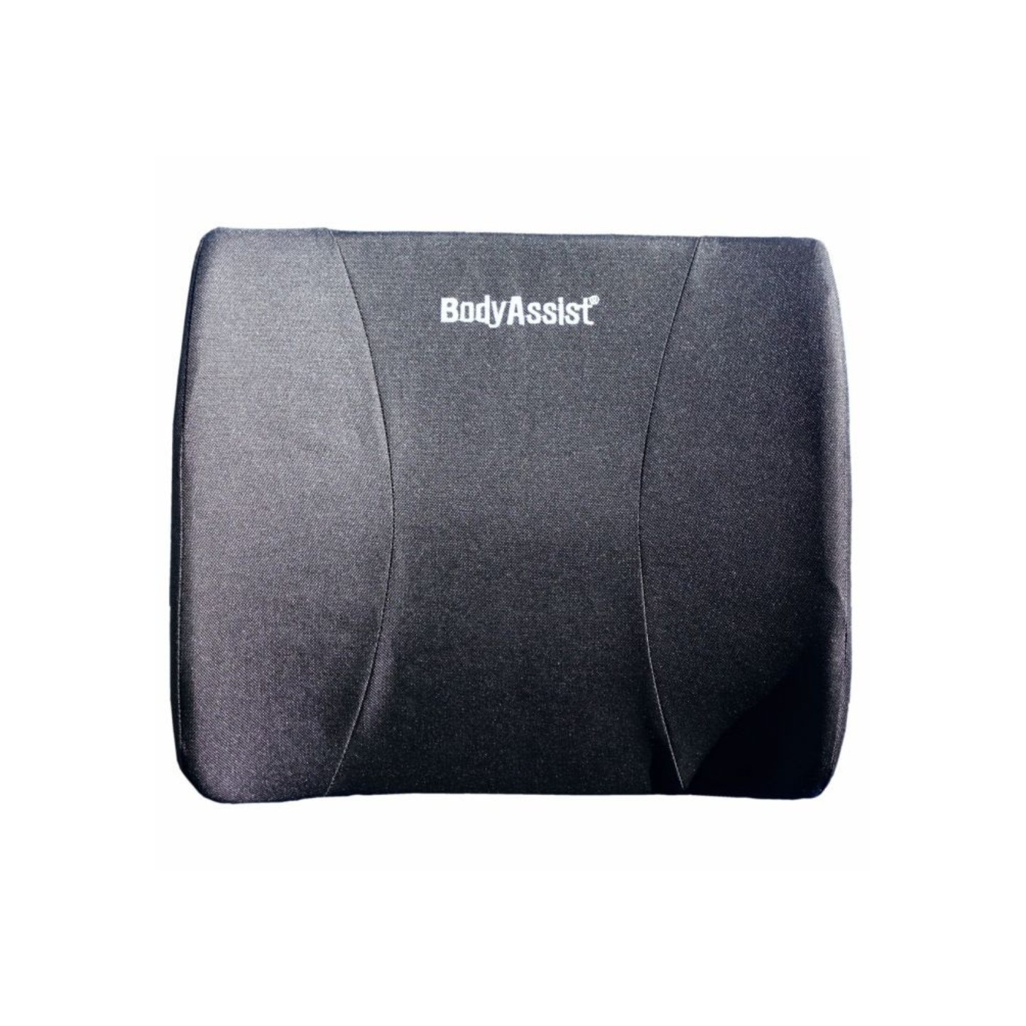 Bodyassist Deluxe Back Rest Cushion supporting lower back, made of soft, cushioned fabric for ergonomic comfort and lumbar support.