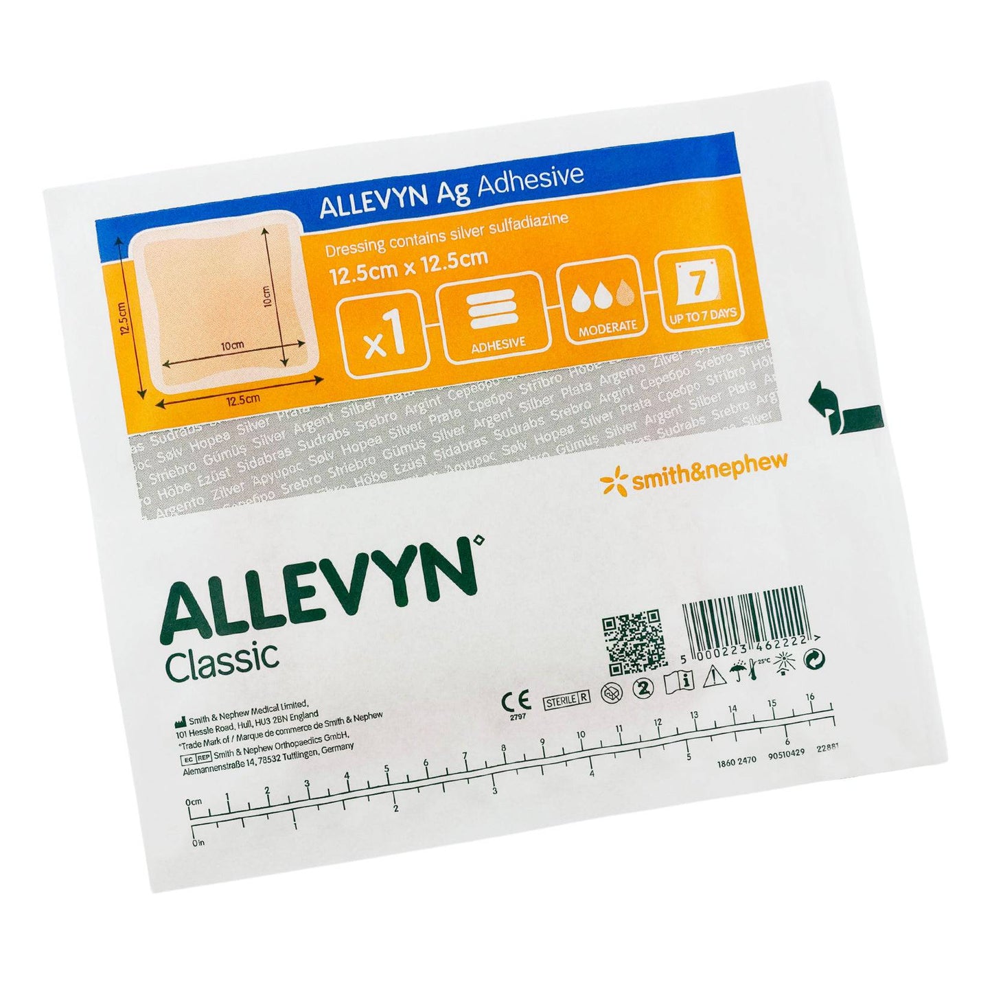Smith & Nephew Allevyn AG Adhesive Silver Dressing, 7.5cm x 7.5cm, wound dressing with antimicrobial silver for infection control