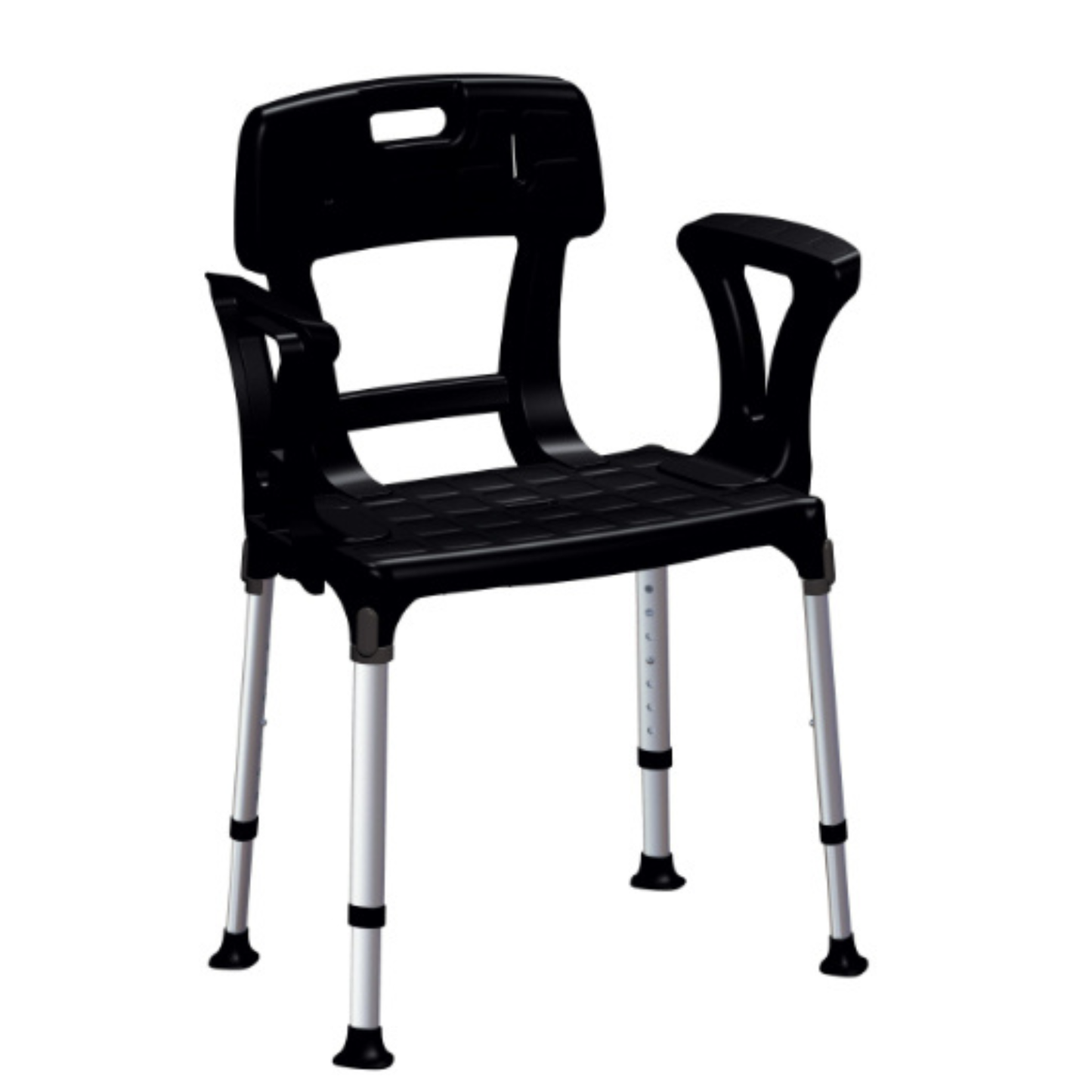 Black King Shower Seat with backrest and armrests, designed for stability and comfort in daily living aid use by Performance Health.