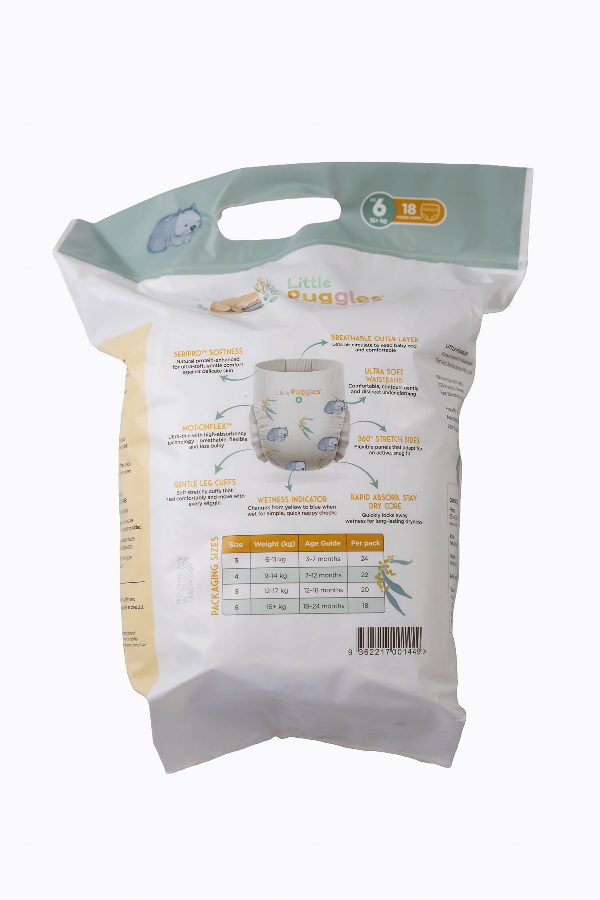 Little Puggles Nappy Pants Size 6 pack of 18, back of pack