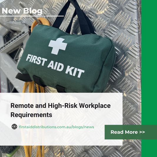 New blog: Remote and High-Risk Workplace Requirements, shown over a green first aid kit bag on a metal checker plate surface