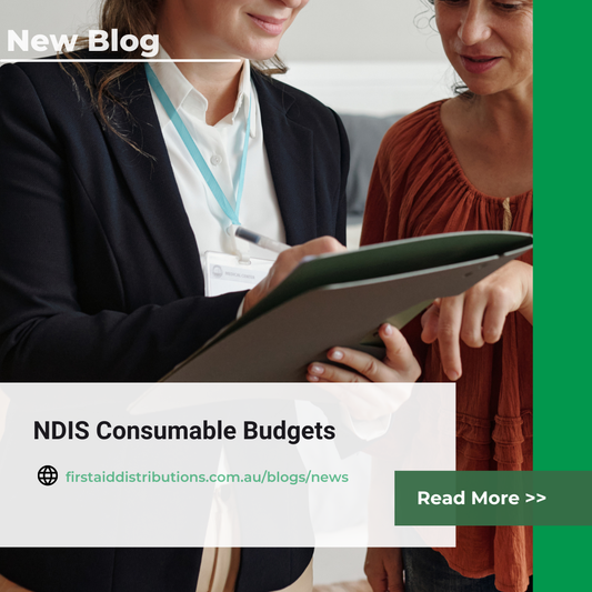 New blog: NDIS Consumable Budgets, shown over two women reviewing paperwork on a clipboard together