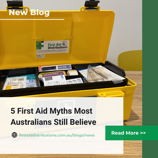 New blog: 5 First Aid Myths Most Australians Still Believe, shown over an open yellow first aid kit stocked with supplies