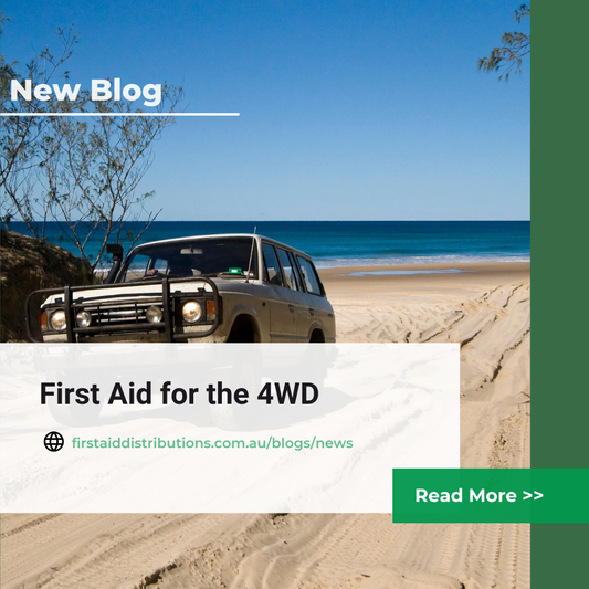 New blog: First Aid for the 4WD, shown over a white four wheel drive on a sandy beach track