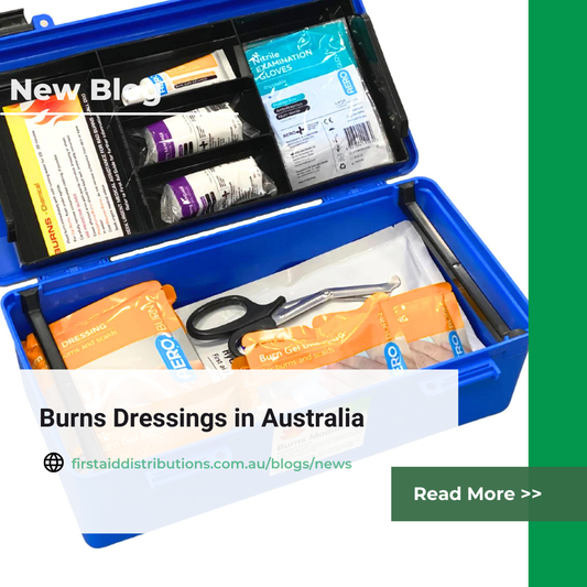 New blog: Burns Dressings in Australia, shown over an open blue burns kit holding burn gel dressings and gloves