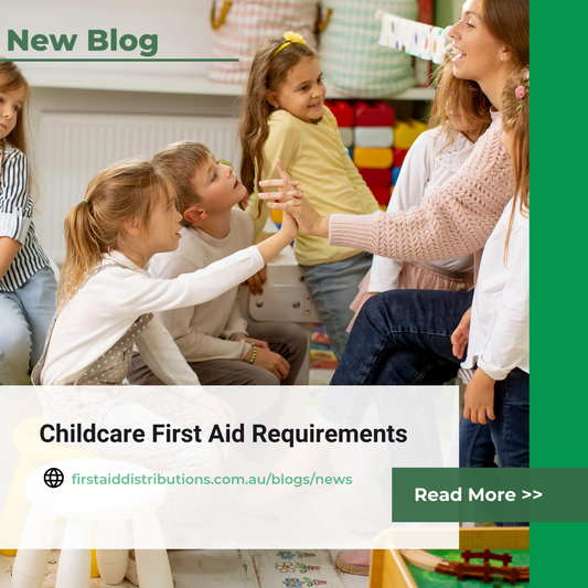 New blog: Childcare First Aid Requirements, shown over an early childhood educator playing with young children in a childcare room