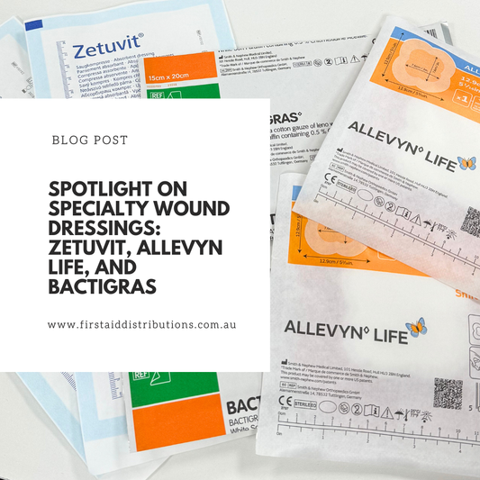 Blog post: Spotlight on Specialty Wound Dressings: Zetuvit, Allevyn Life, and Bactigras, shown over the dressing packets on a white surface