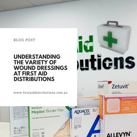 Blog post: Understanding the Variety of Wound Dressings at First Aid Distributions, shown over boxed wound dressings below the FAD sign