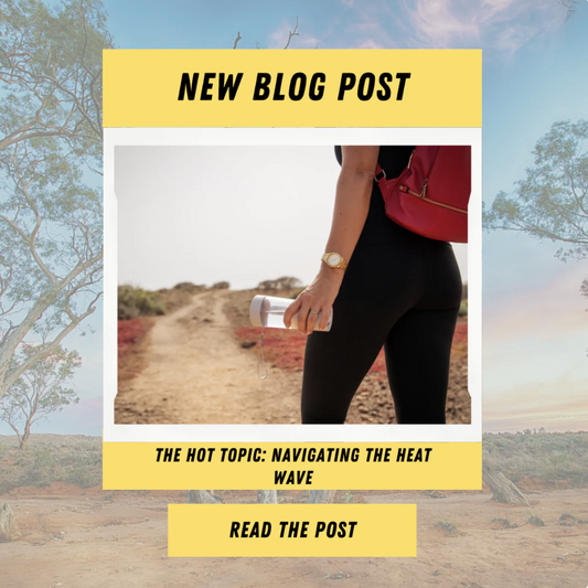 New blog post: The Hot Topic: Navigating the Heat Wave, shown over a walker with a red backpack and drink bottle on an outback track