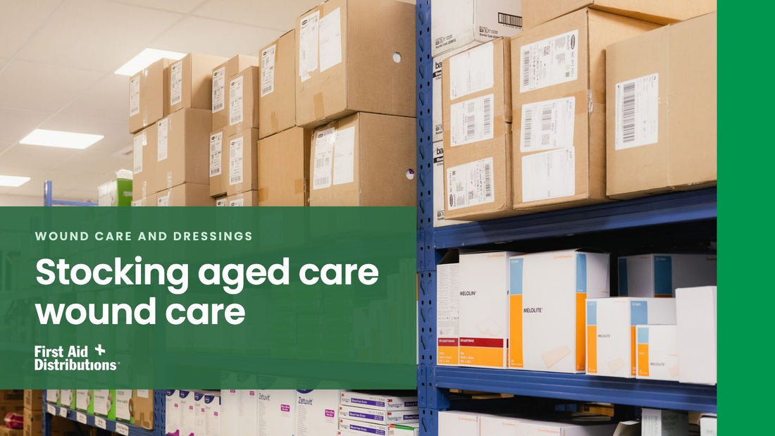 Stocking aged care wound care: warehouse racking stacked with cartons and boxed wound dressings, First Aid Distributions