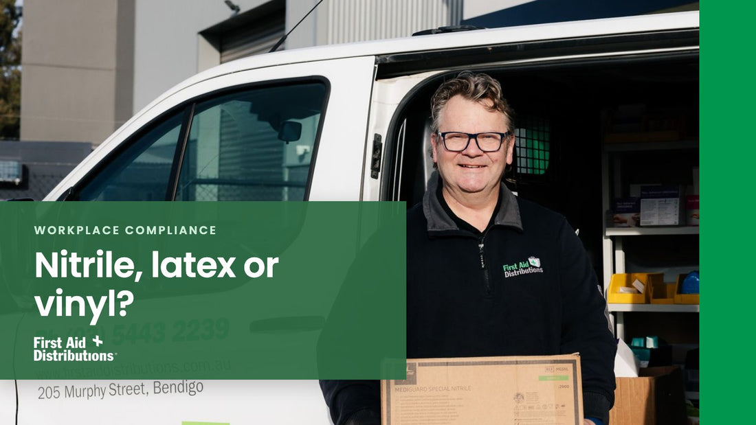 Nitrile, latex or vinyl? A smiling staff member holding a carton of nitrile gloves beside an open First Aid Distributions van, First Aid Distributions