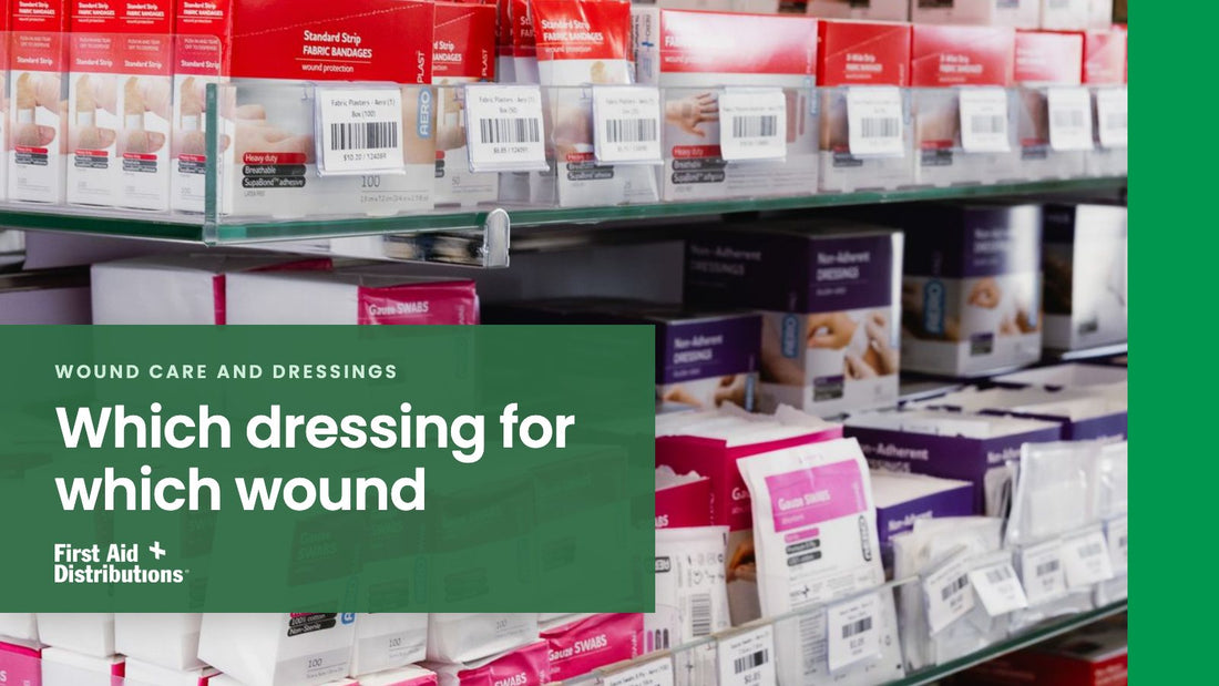 Which dressing for which wound: retail shelves of boxed fabric strip bandages, non-adherent dressings and gauze swabs, First Aid Distributions