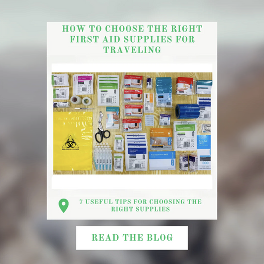 How to Choose the Right First Aid Supplies for Traveling, shown over first aid kit contents laid out on a timber table