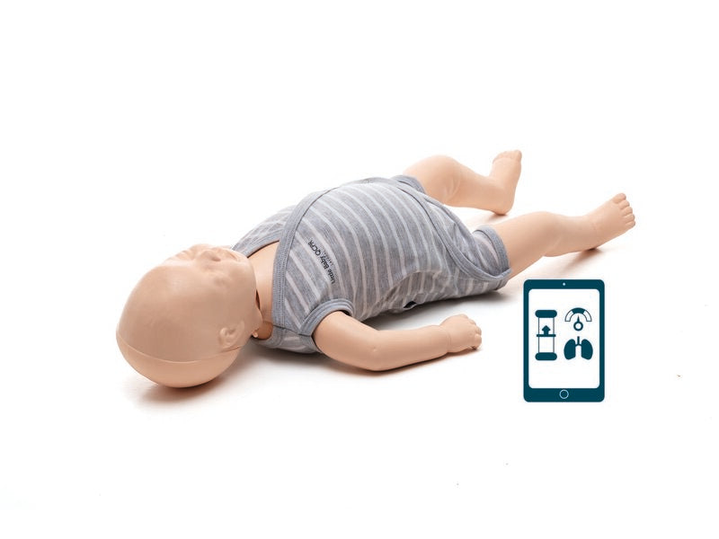 Laerdal Little Baby QCPR infant CPR training manikin in a striped romper, with the QCPR app shown on a tablet