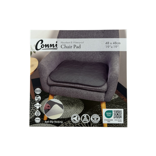Conni Small Charcoal Incontinence Bedding Chair Pad showing soft, absorbent fabric with waterproof backing for comfortable protection.