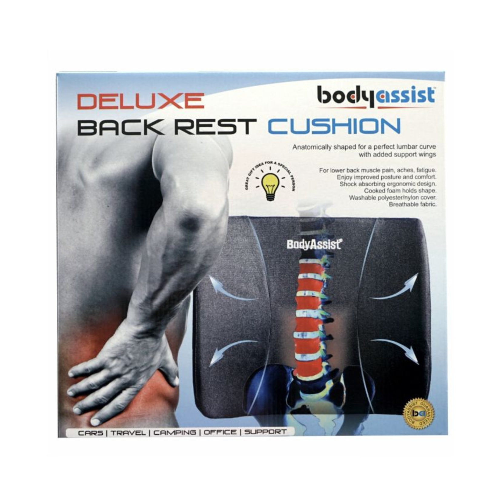 Body Assist Bodyassist Deluxe Back Rest Cushion providing ergonomic lumbar support for comfortable seating.