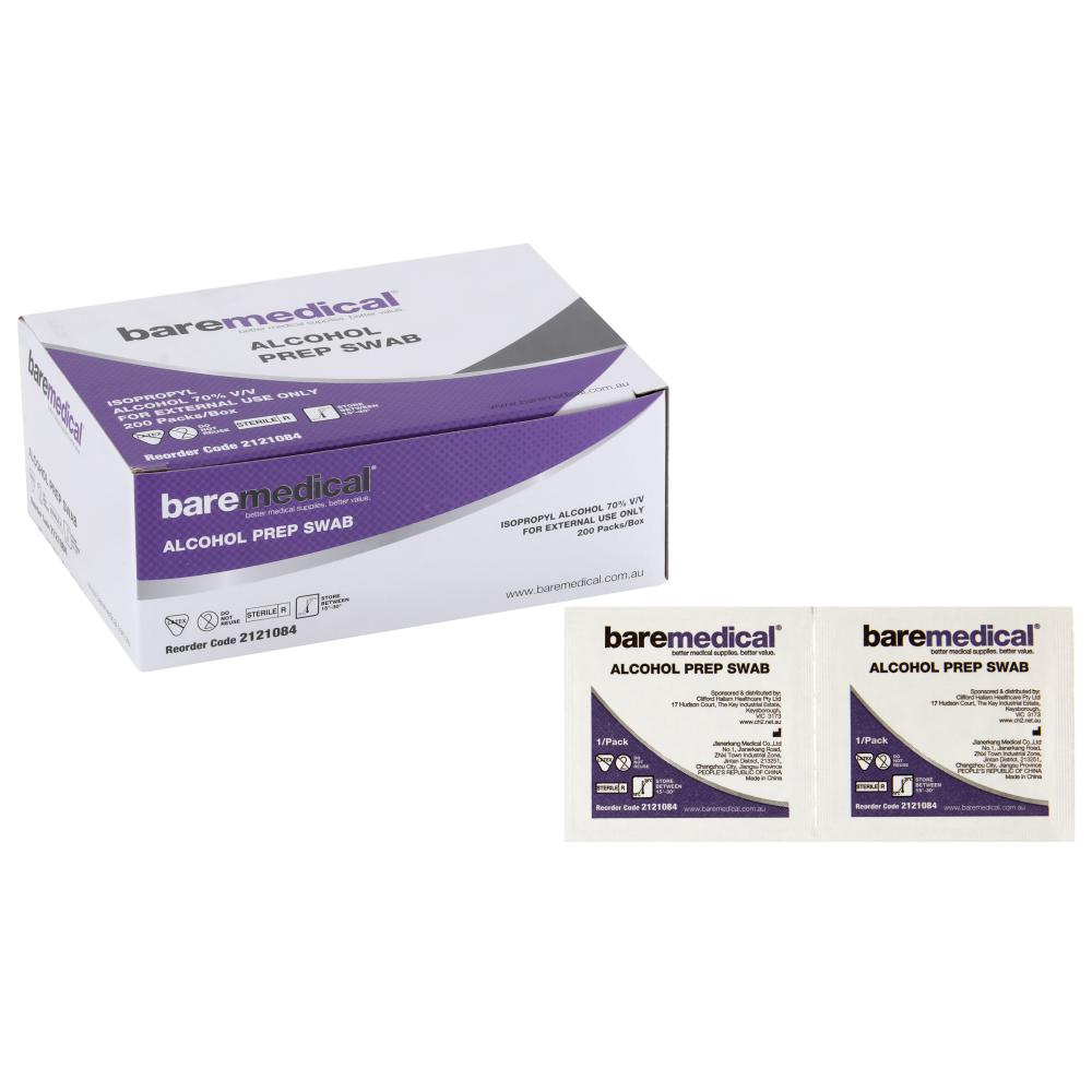Clifford Hallam Baremedical alcohol prep swabs in a pack of 200, antiseptic wipes for disinfecting skin and surfaces.