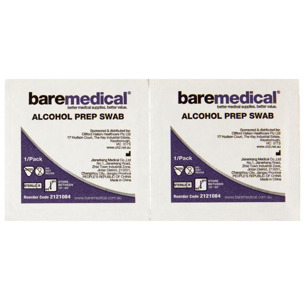 Clifford Hallam Baremedical Alcohol Prep Swabs in a box, antiseptic wipes for skin disinfection, 200 count.