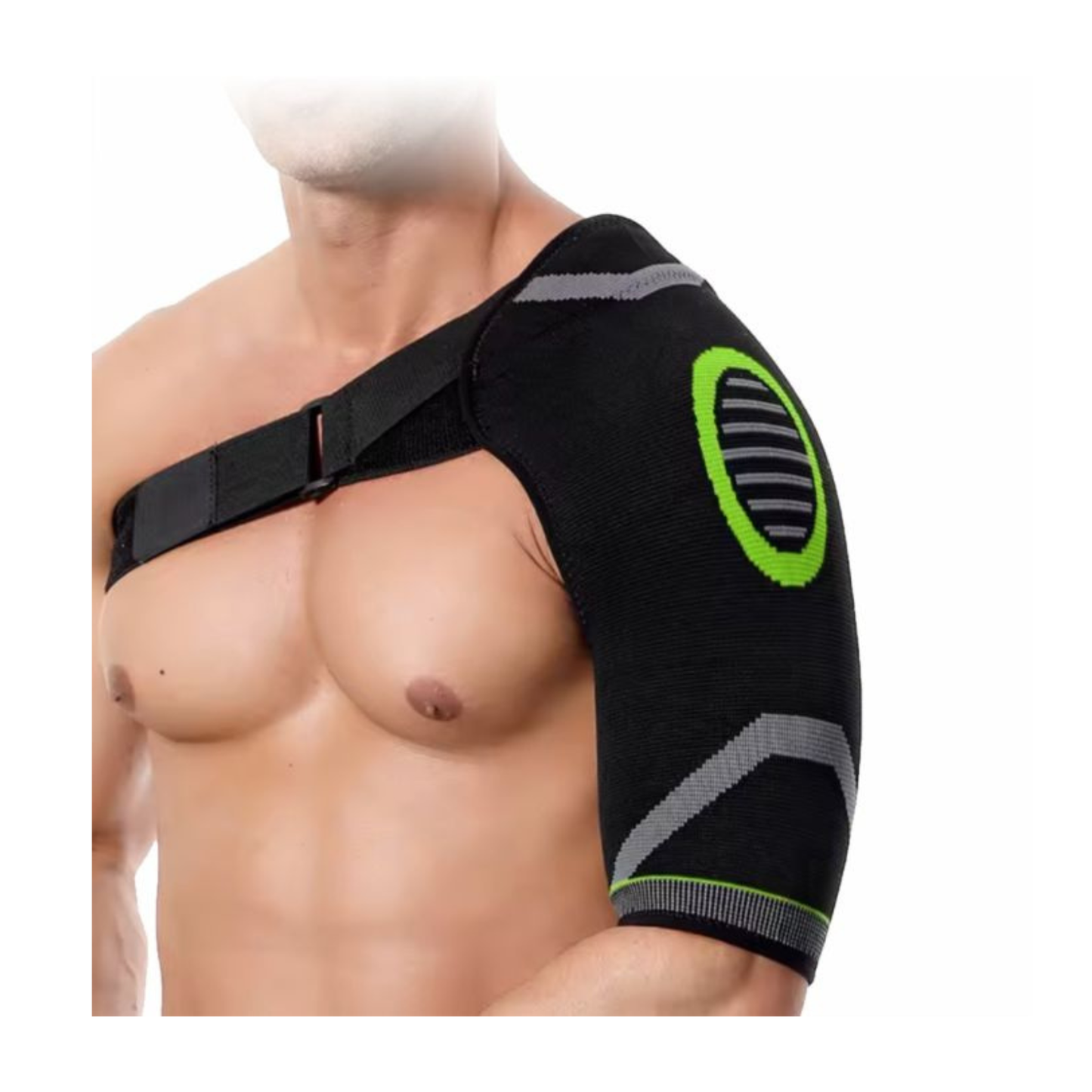 Contoured 3D comfort shoulder sleeve by Body Assist shown on a person's shoulder for support and pain relief.