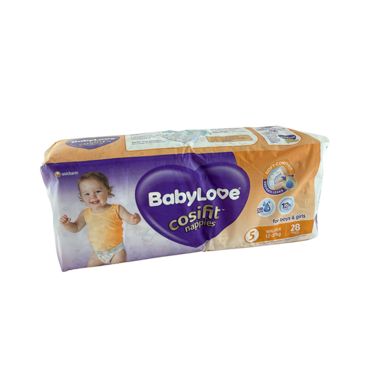 Coles Baby Love Cosifit adult diapers and pads package with white and blue design, featuring product branding and size indicators.
