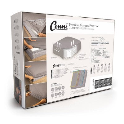 Conni premium waterproof mattress protector with micro-plush technology for incontinence bedding, shown from the back in the image.