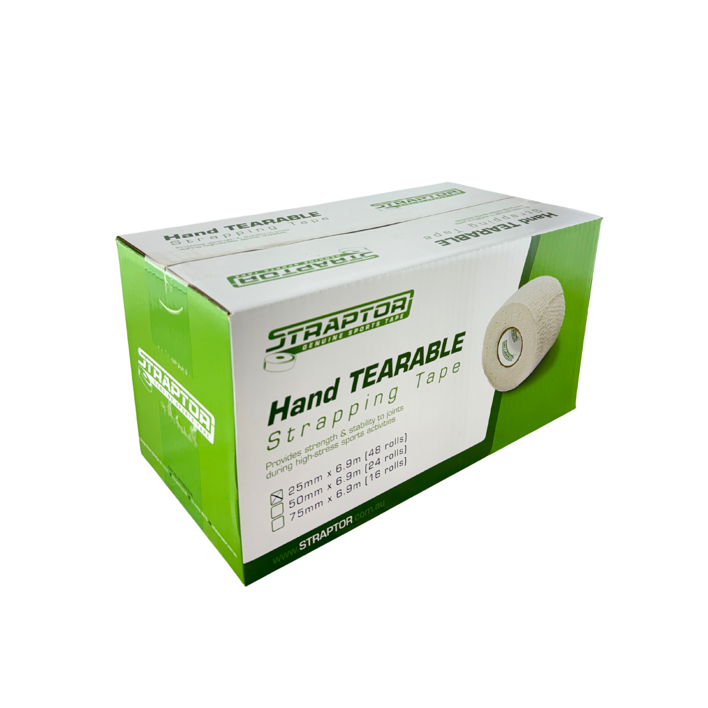 Hand Tearable Stretch Tape White 25mm x 6.9m - Straptor (48)