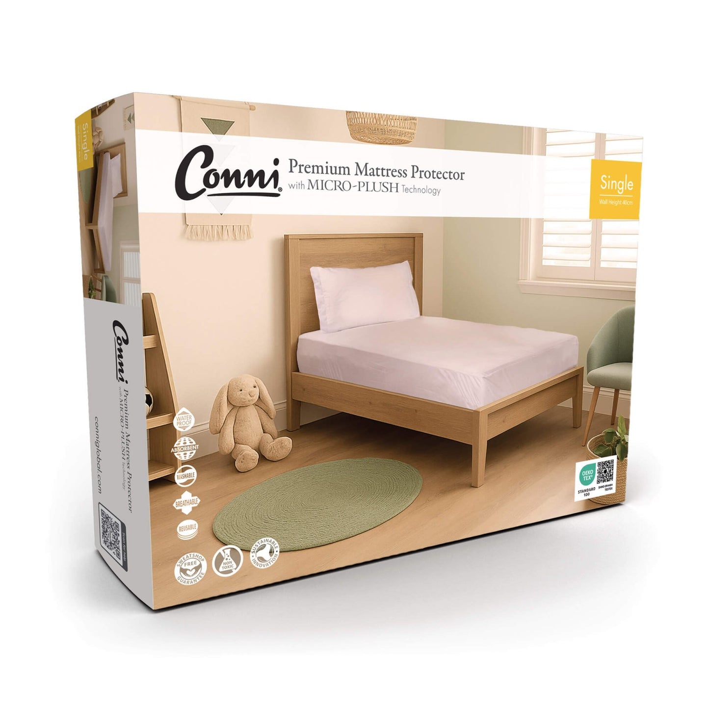 Conni premium waterproof mattress protector with micro-plush technology for incontinence bedding, shown on a bed.