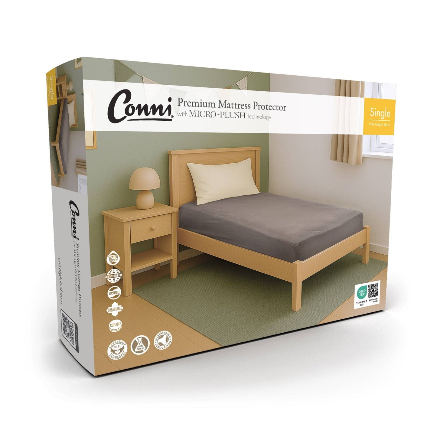 Conni waterproof mattress protector with micro-plush technology for incontinence bedding, single size, soft and protective fabric.
