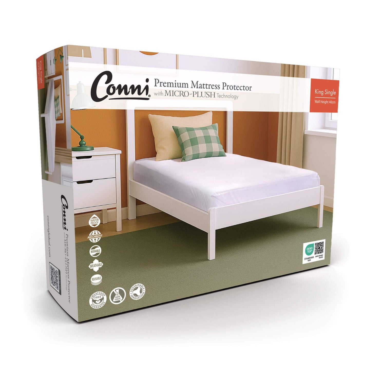 Conni premium waterproof mattress protector with micro-plush technology, incontinence bedding for added comfort and protection.