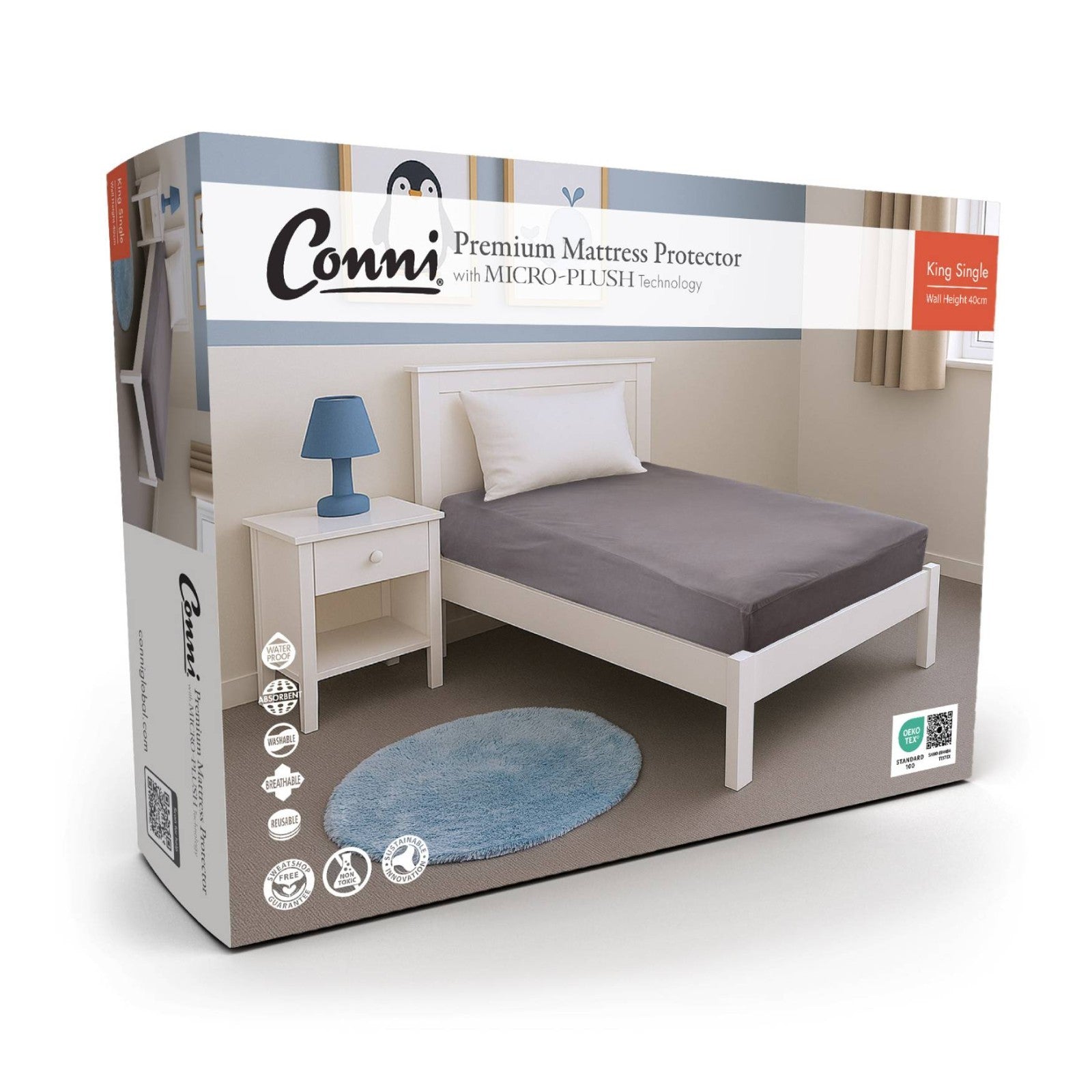 Conni premium waterproof mattress protector with micro-plush technology for incontinence bedding, designed for king single beds.