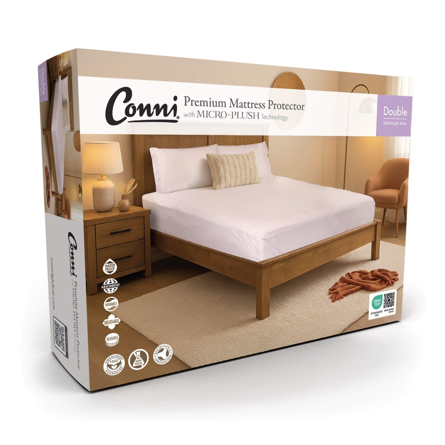 Conni premium waterproof mattress protector with micro-plush technology, incontinence bedding for bed protection.