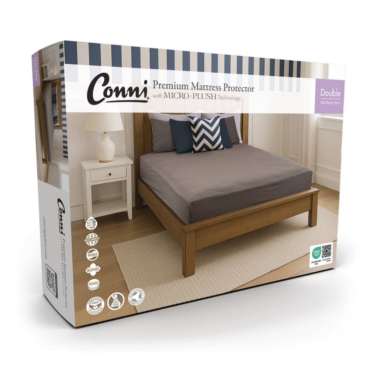 Conni premium waterproof mattress protector with micro-plush technology, designed for incontinence bedding, double size, 3D design