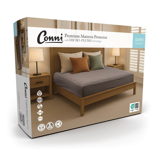 Conni premium waterproof mattress protector with micro-plush technology, queen size incontinence bedding, 3D design.