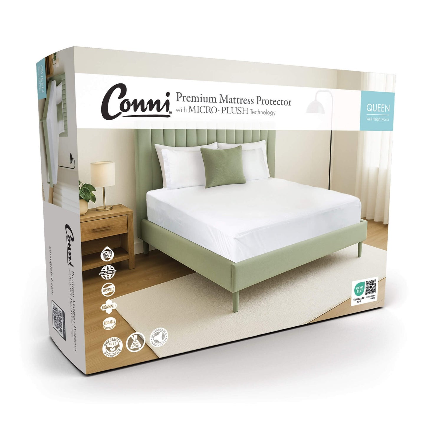 Conni premium waterproof mattress protector with micro-plush technology, incontinence bedding, shown on a bed.