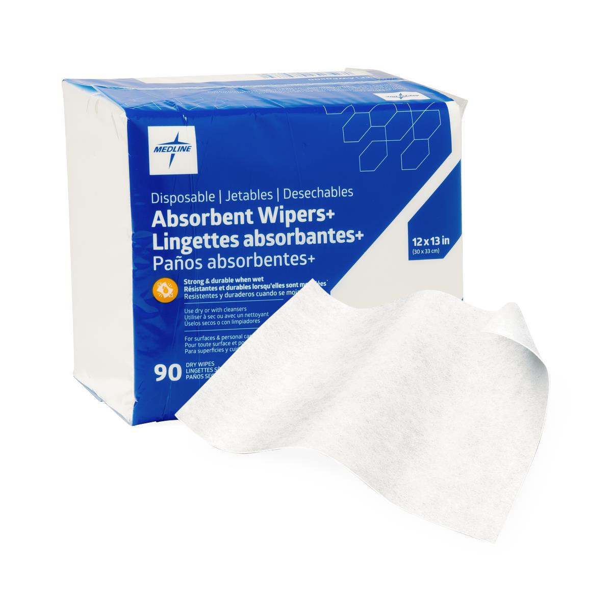 Medline absorbent dry wipes pack showing multiple soft, disposable wipes for cleaning or drying purposes.
