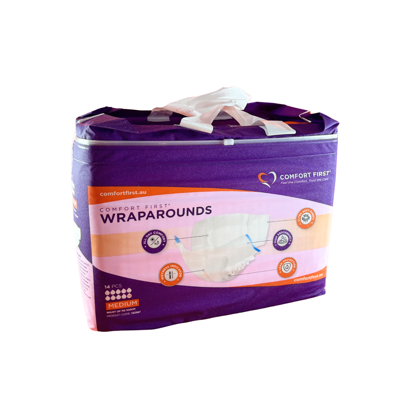 Kimlead Comfort First Wrap Arounds incontinence pads with a 10-drop absorbency level, shown in a close-up image.