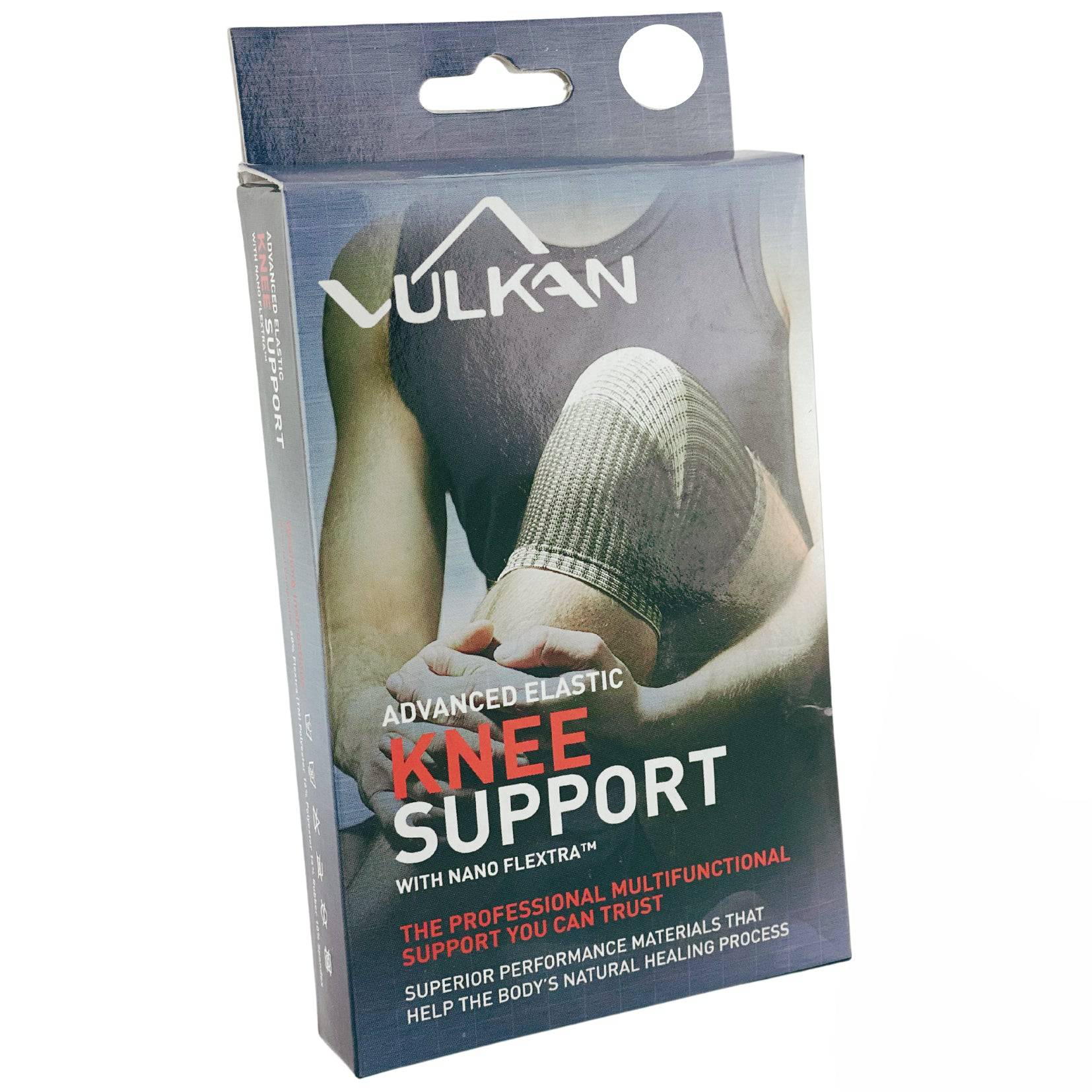Black Vulkan Advanced Elastic Knee Support from Performance Health, designed for stability and compression during activity.