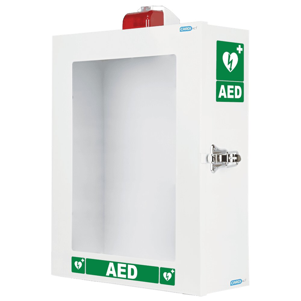 White powder-coated AED wall cabinet with a clear Perspex door, side AED signage and a strobe unit on top