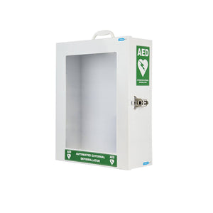 Aero Healthcare AED Standard Wall Cabinet for defibrillators, black metal enclosure with clear front door for emergency access