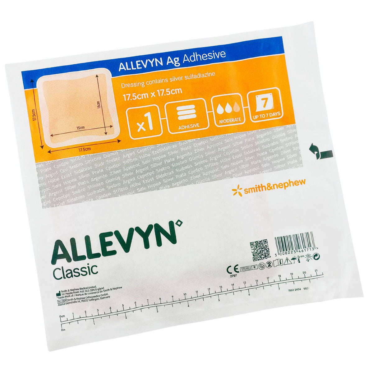 Smith & Nephew Allevyn AG Silver Dressing, adhesive wound dressing with antimicrobial silver for infection control, 7.5cm x 7.5cm.