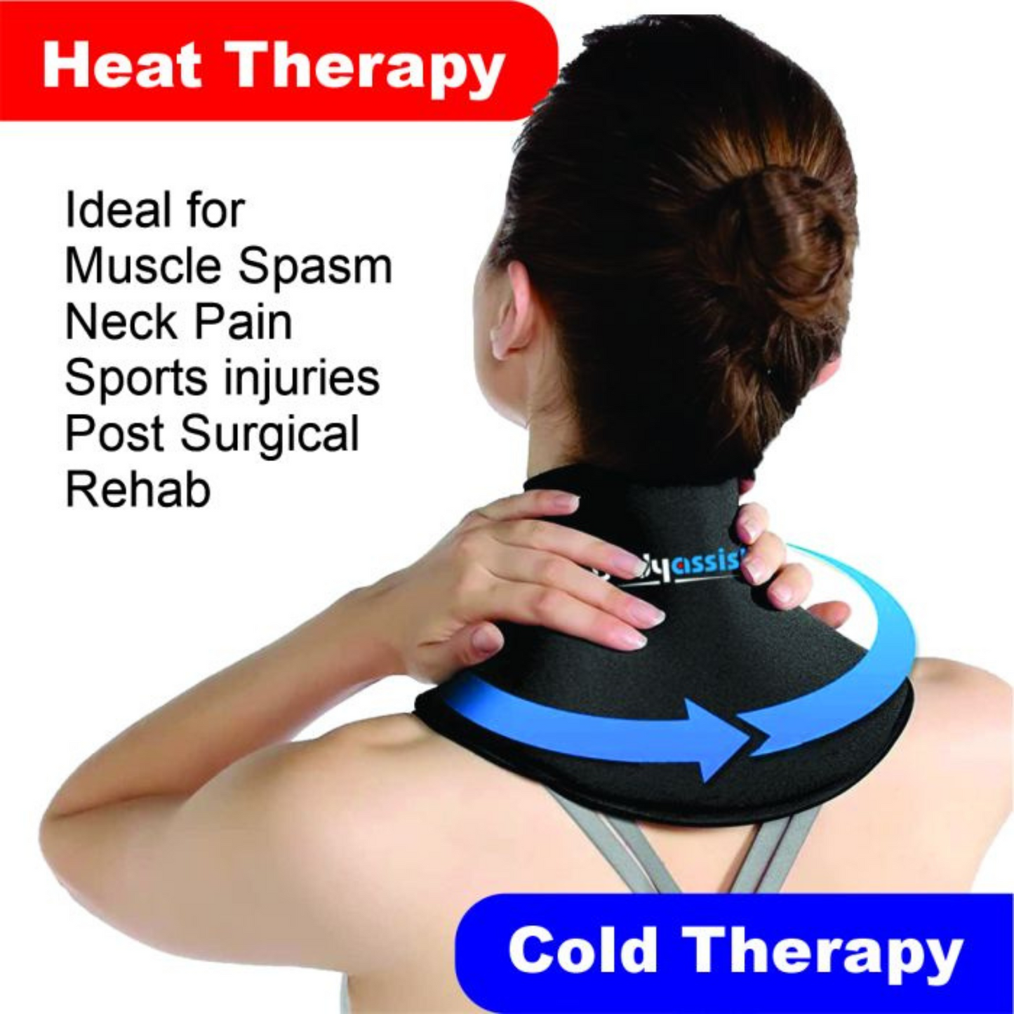 New Horizons Body Assist Hot Cold Neck Wrap for soothing heat and cold therapy, shown wrapped around the neck.