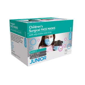 Children's Level 2 surgical face masks by Aero Healthcare, biohazard disposal masks for kids, pack of 50 with secure ear loops.
