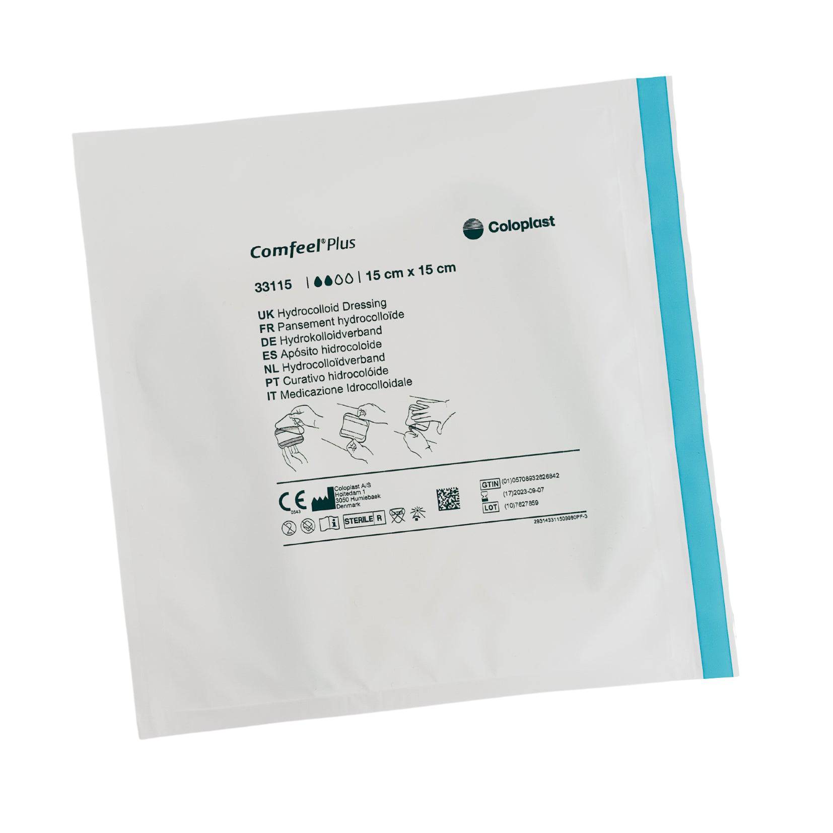 Coloplast Comfeel Plus ulcer dressing, 10cm x 10cm, sterile wound dressing for ulcer care, with absorbent and protective features.