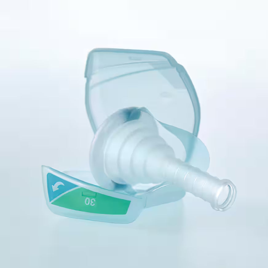 Blue Conveen Optima urisheath for incontinence by Coloplast, shown in close-up view.