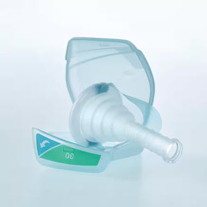 Blue Conveen Optima urisheath for incontinence by Coloplast, shown in close-up view.