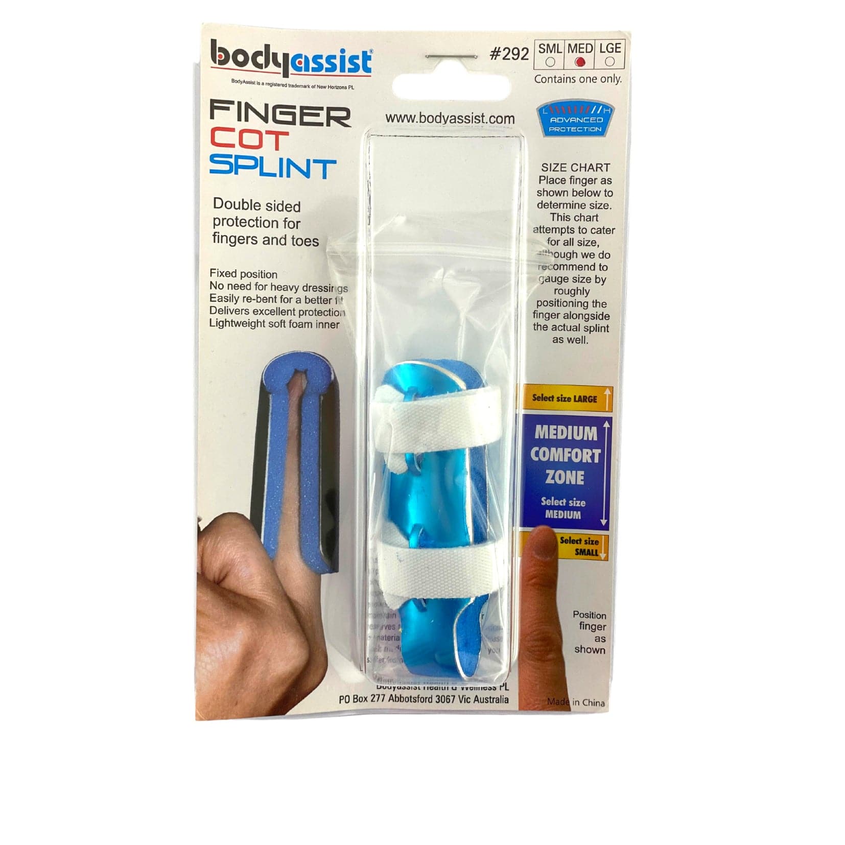 Small finger cot splint by New Horizons for wrist and hand support, designed to stabilize and protect finger injuries.