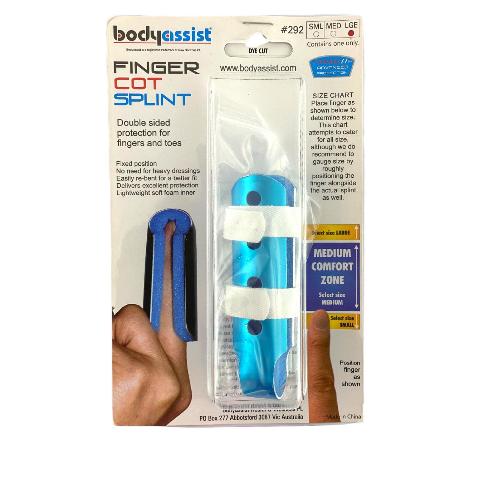 Small finger cot splint from New Horizons for wrist and hand support, designed to stabilize and protect finger injuries.