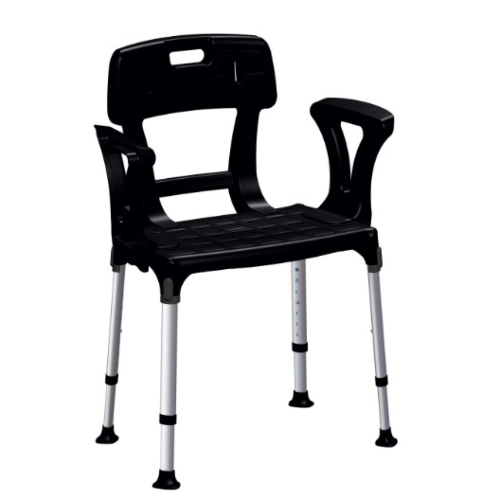 Black King Shower Seat with backrest and armrests, designed for stability and comfort in daily living aid use by Performance Health.