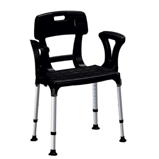Black King Shower Seat with backrest and armrests, designed for stability and comfort in daily living aid use by Performance Health.