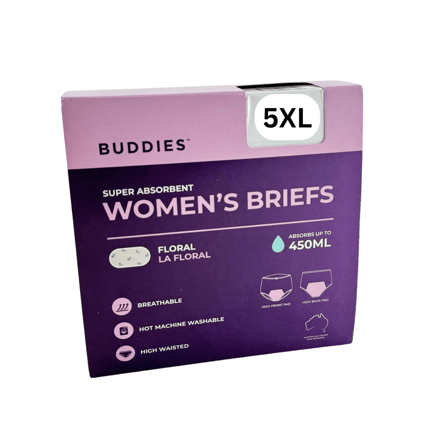 Incontinence women's brief by Sleepcorp, La Floral Buddies, soft fabric, white with floral pattern, designed for comfort and discreet wear.